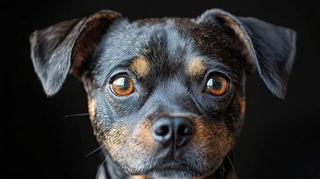 small brown dog mutt with hungry eyes looking at the camera on a dark background. A classic portrait of a pet. Concept Animal welfare. Homeless animals on the street
