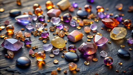 A vibrant and sparkling collection of assorted colorful gemstones and crystals scattered across a textured wooden surface creating a dazzling display of light and color