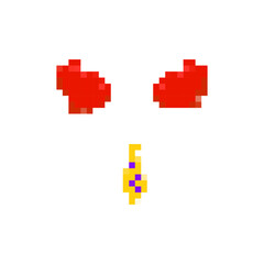Pixel style expression with intense red eyes and a vibrant cartoon key in simple mosaic design.