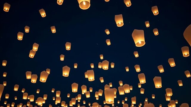 Myriad glowing sky lanterns floating up into dark night sky representing spiritual release and communal celebration