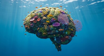 Brain coral reef underwater concept. Mental health, cognitive function,  neuroscience metaphor. For environment, biology, medicine, learning, growth projects.  
