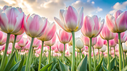 Fototapeta premium A low angle view of a field of delicate pink and white tulips reaching towards a bright cloudy sky with warm sunlight filtering through the clouds