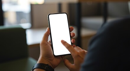  closeup of a persons hand holding a smartphone with a blank white screen, ready for use