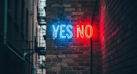 Neon "YES NO" sign contrasting blue and red on aged brick wall