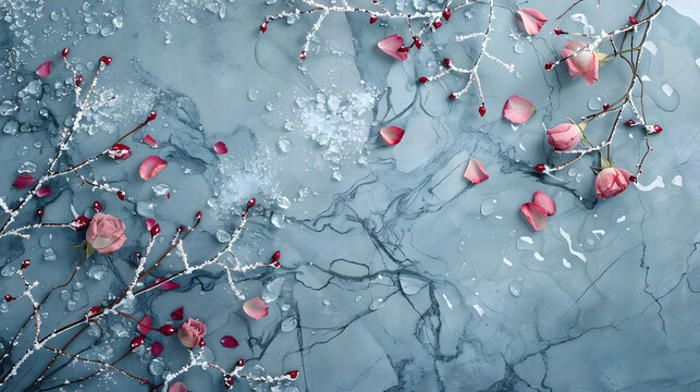 Delicate pink roses and petals dusted with frost on branches with water droplets scattered on a marbled blue background - Powered by Adobe