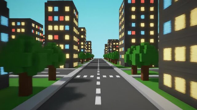 Cinematic 4K seamless loop of a retro 16-bit pixelated city with glowing windows, vibrant colors, and smooth fly-through motion, nostalgic gaming style.