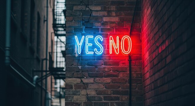 Neon "YES NO" sign contrasting blue and red on aged brick wall