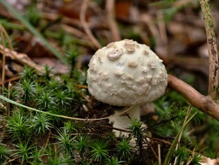 Amanita mushroom growing wild in the forest with moss and fallen leaves around it