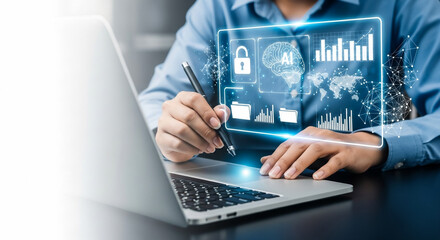 Data Analytics: A professional analyses data on a digital display screen with a laptop, representing business insight and secure data management