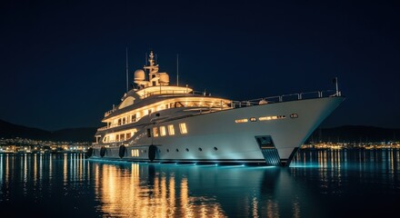 Night view of a large yacht illuminated on tranquil water