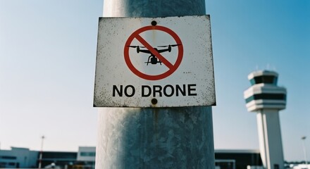 No drone sign on a pole, airport control tower blurred in background