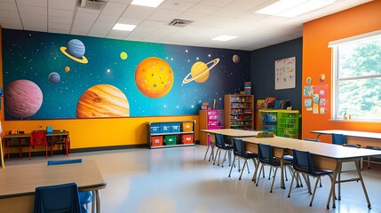 Empty classroom featuring desks, chairs and planet themed wall design