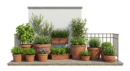  A delightful collection of terracotta pots overflows with a variety of lush greenery, showcasing a mix of culinary herbs and flowering plants. 