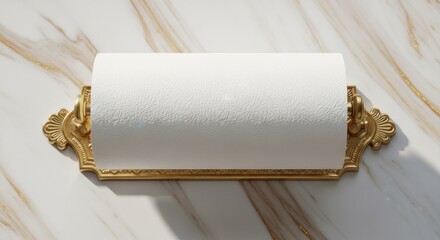 Paper towels sit in a golden, decorative wall mount against a marble wall