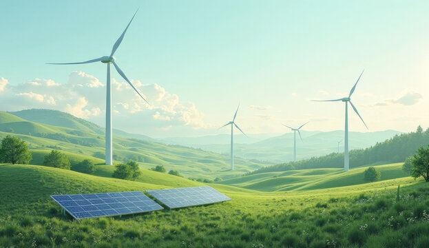 renewable energy background with green energy as wind turbines and solar panels
