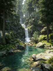 hidden forest cascade retreat tranquil misty waterfall escape a serene waterfall cascading into a crystalclear pool surrounded by lush green trees