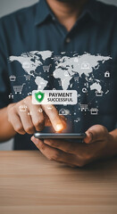 Businessman using smartphone for successful online payment with world map and shopping icons e-commerce