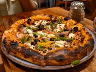 Delicious wood fired pizza with fresh mozzarella and colorful vegetables on a plate