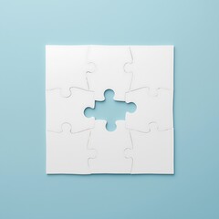 Blank White Jigsaw Puzzle with Missing Piece on Light Blue Background Problem Solving and Creative Thinking Concept