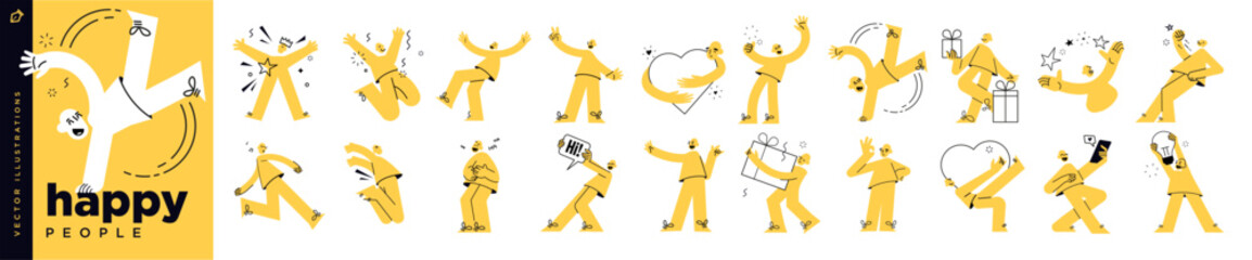Obraz na płótnie Canvas Happy people. Vector Illustrations of people showing feelings of happiness, joy, love, gratitude, and celebrating milestones, success, laughing and looking fun, for social media, business, marketing.