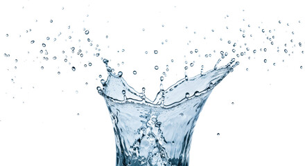 Dynamic photorealistic water splash at its apex, distinct droplets suspended, clear trails, crystalline structures on transparent studio background, high-key lighting, concept of innovation and