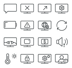 Minimalist icon set for technology interface: settings, alerts, security