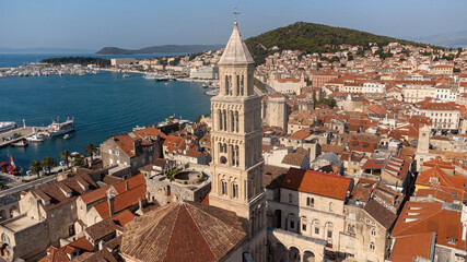 Aerial view of Saint Domnius Bell Tower near Diocletian's Palace in the coastal tourist town of Split on a sunny summer day, Croatia