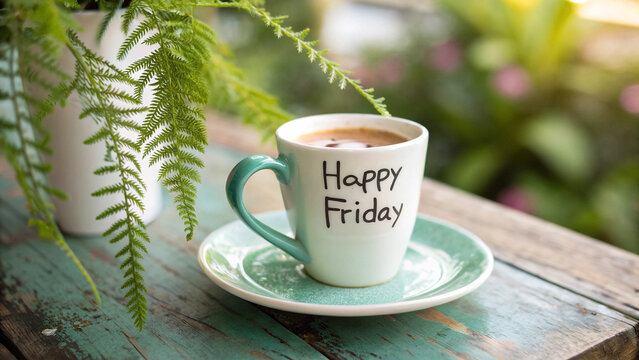 Enjoying a warm cup of coffee with a happy friday message on a sunny morning