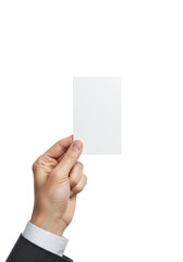 Fototapeta premium Well-groomed light-skinned hand elegantly holding a pristine blank vertical white card against an expansive transparent studio background, concept of new beginnings and open potential