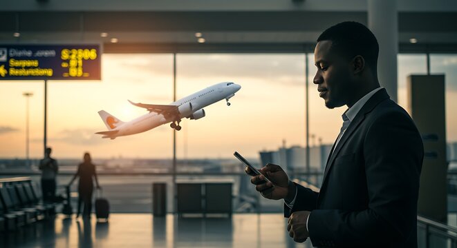 Black man with phone, airport window and plane taking off, checking flight schedule terminal for business trip. Technology, travel and businessman reading international travel restrictions app online
