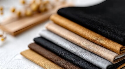 Naklejka premium Selection of textured fabric swatches arranged neatly on a table, showcasing various colors and patterns in a natural light setting
