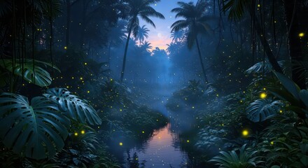 Enchanting Night Scene Tropical River Firefly Glow