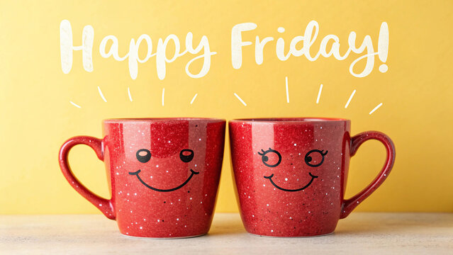 Two cheerful red coffee mugs with smiling faces and happy friday text