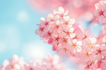 Cherry blossoms in full bloom, blue sky