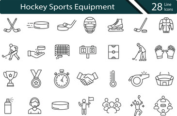 Hockey Line Icons Set – Sticks, Pucks, Players, Equipment and Stadium Symbols.