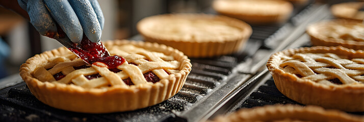 fruit pies being prepared in a commercial bakery. large-scale manufacturing of baked goods
