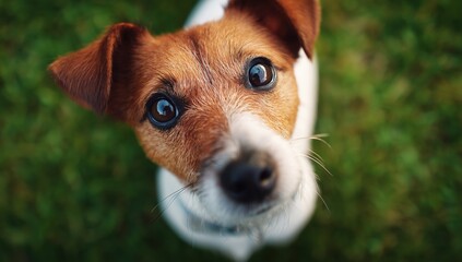 Cute Jack Russell Terrier dog looking up with adorable eyes on a green grass background, close-up view Generative AI