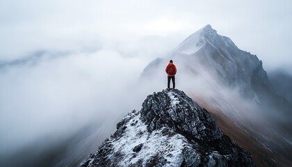 Hiker in Orange Jacket Stands on Snowy Mountain Peak Foggy Landscape View