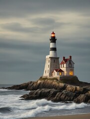 Obraz premium Lighthouse on the seashore with waves at dawn