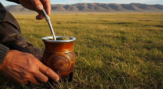 Yerba mate in a carved gourd in Patagonian grasslands, gaucho leather tooling, bombilla casting long mountain shadows