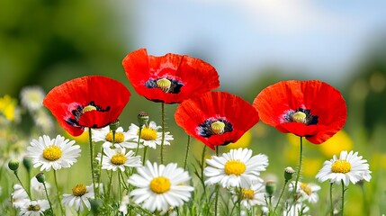 Obraz premium Close up of beautiful chamomile and poppy flowers. Poppies and daisies a spring flowers background. 
