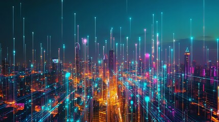 Obraz premium Futuristic Cityscape with Glowing Lines and Neon Accents at Night, Urban Skyline View