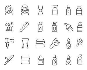 Set of outline icons related to hair care. Linear icon collection