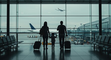 Family at airport travelling with young child and luggage walking to departure gate, girl pointing at airplanes through window, silhouette of people, abstract international air travel concept