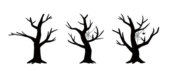 Set of Halloween dead tree hand drawing.
dead tree and spider black silhouette vector art, Icons, and graphics.
White background.