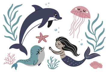 vector illustration of a set of sea animals