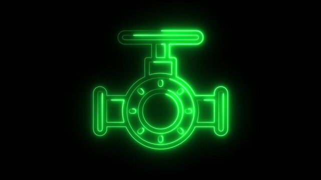 glowing neon plumbing icon, isolated, black background, 4k motion graphic animation. Glowing neon line water pipe with valve animation. Plumbing icon