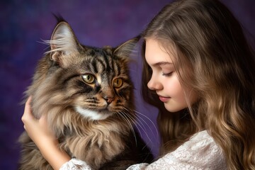 Girl Stroking Large Maine Coon Cat