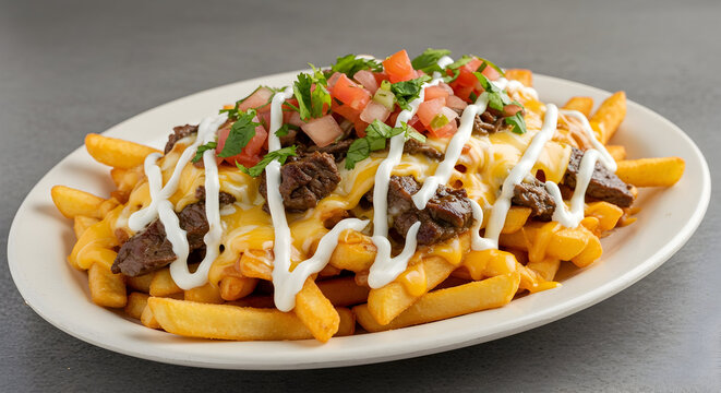 A plate of loaded fries with Mexican toppings like carne asada, cheese, and crema