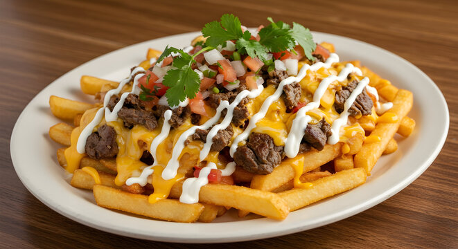 A plate of loaded fries with Mexican toppings like carne asada, cheese, and crema